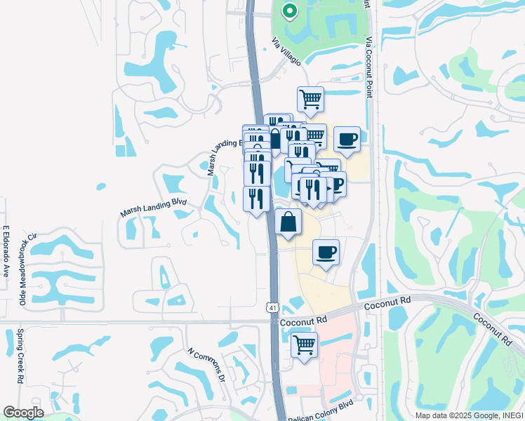 map of restaurants, bars, coffee shops, grocery stores, and more near 22911 Vandenberg Way in Estero