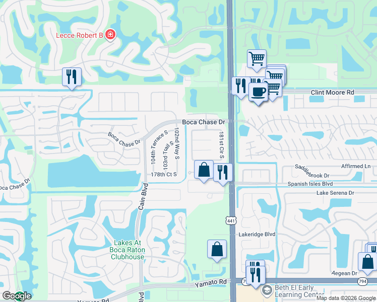 map of restaurants, bars, coffee shops, grocery stores, and more near 18304 181st Circle South in Boca Raton