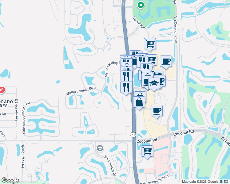 map of restaurants, bars, coffee shops, grocery stores, and more near 23044 Lone Oak Drive in Estero