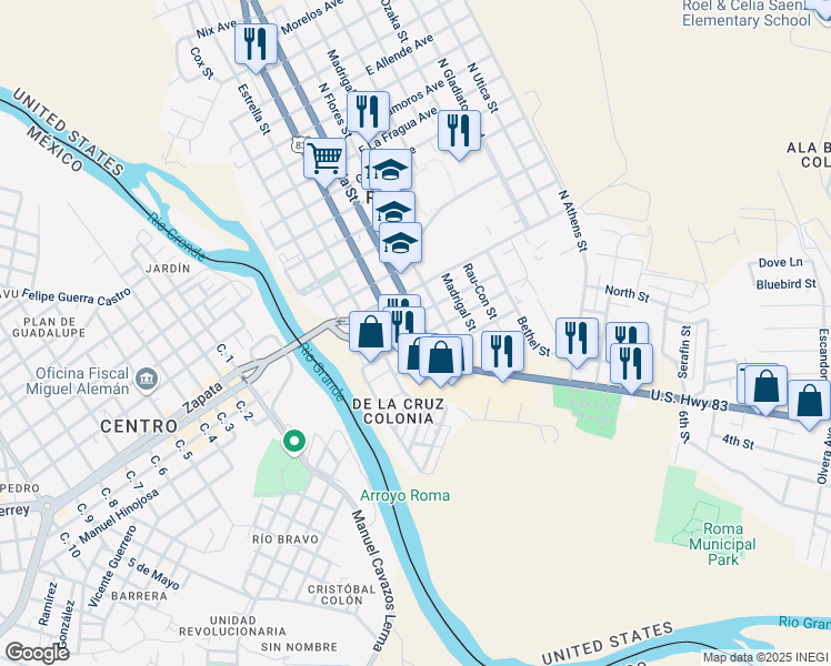 map of restaurants, bars, coffee shops, grocery stores, and more near 402 Franklin Avenue in Roma