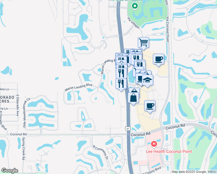 map of restaurants, bars, coffee shops, grocery stores, and more near 23044 Lone Oak Dr in Estero