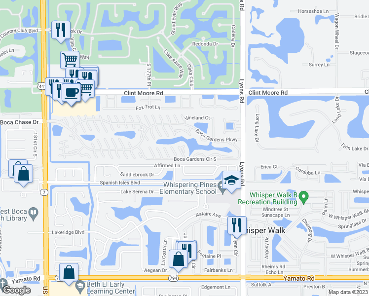 map of restaurants, bars, coffee shops, grocery stores, and more near 9287 Boca Gardens Circle South in Boca Raton