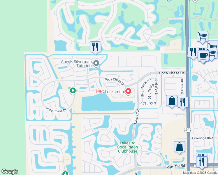 map of restaurants, bars, coffee shops, grocery stores, and more near 10780 Cypress Lake Terrace in Boca Raton
