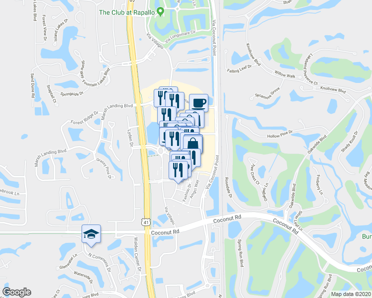 map of restaurants, bars, coffee shops, grocery stores, and more near 23109 Fashion Drive in Estero