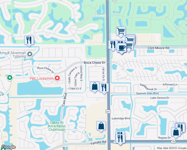 map of restaurants, bars, coffee shops, grocery stores, and more near 10161 182nd Lane South in Boca Raton
