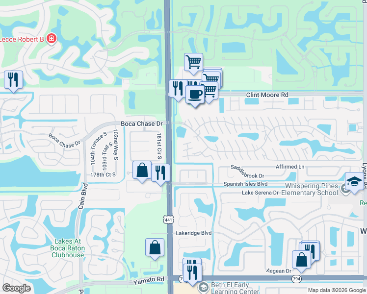map of restaurants, bars, coffee shops, grocery stores, and more near 9879 Boca Gardens Trail in Boca Raton