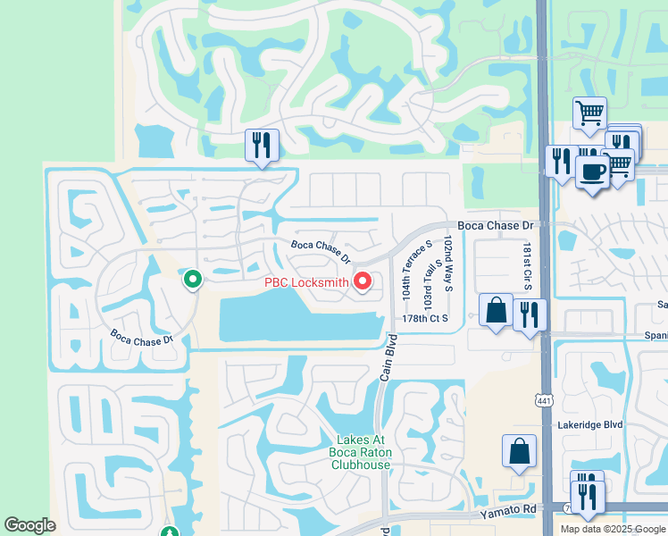 map of restaurants, bars, coffee shops, grocery stores, and more near 10662 Lake Oak Way in Boca Raton