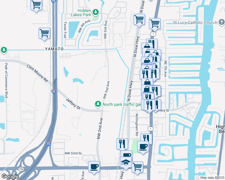 map of restaurants, bars, coffee shops, grocery stores, and more near 6100 Northwest 2nd Avenue in Boca Raton