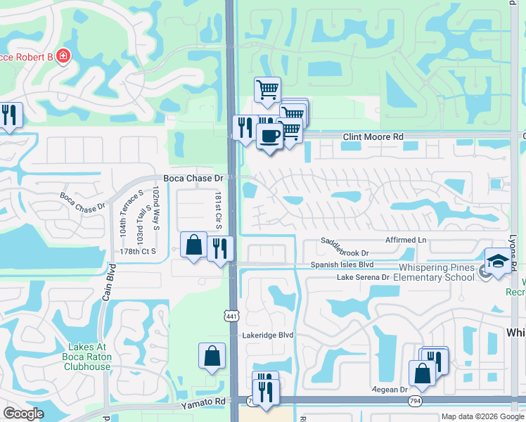map of restaurants, bars, coffee shops, grocery stores, and more near 9879 Boca Gardens Trail in Boca Raton