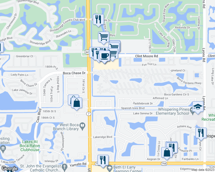 map of restaurants, bars, coffee shops, grocery stores, and more near 9856 Boca Gardens Parkway in Boca Raton
