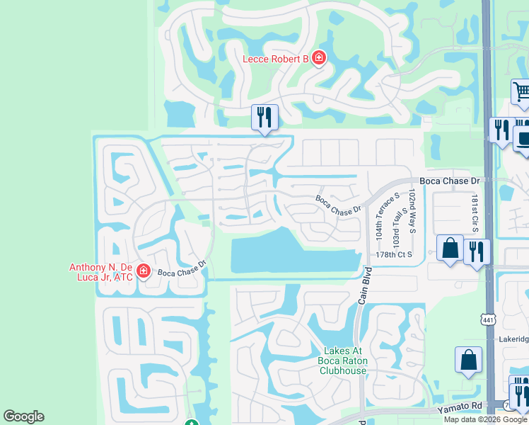 map of restaurants, bars, coffee shops, grocery stores, and more near 18258 Covina Way in Boca Raton