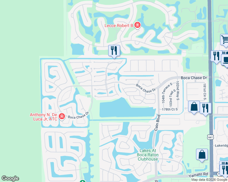 map of restaurants, bars, coffee shops, grocery stores, and more near 18258 Covina Way in Boca Raton