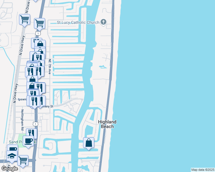 map of restaurants, bars, coffee shops, grocery stores, and more near 4002 South Ocean Boulevard in Highland Beach