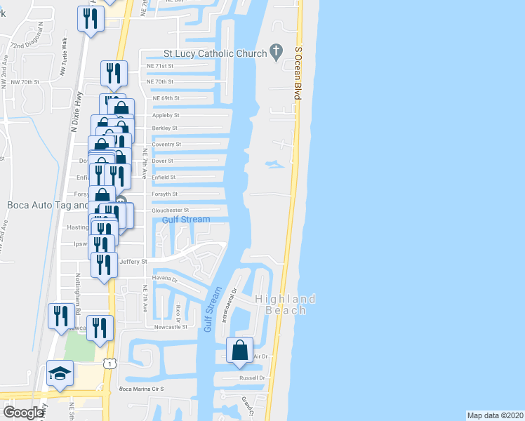 map of restaurants, bars, coffee shops, grocery stores, and more near 4018 South Ocean Boulevard in Highland Beach