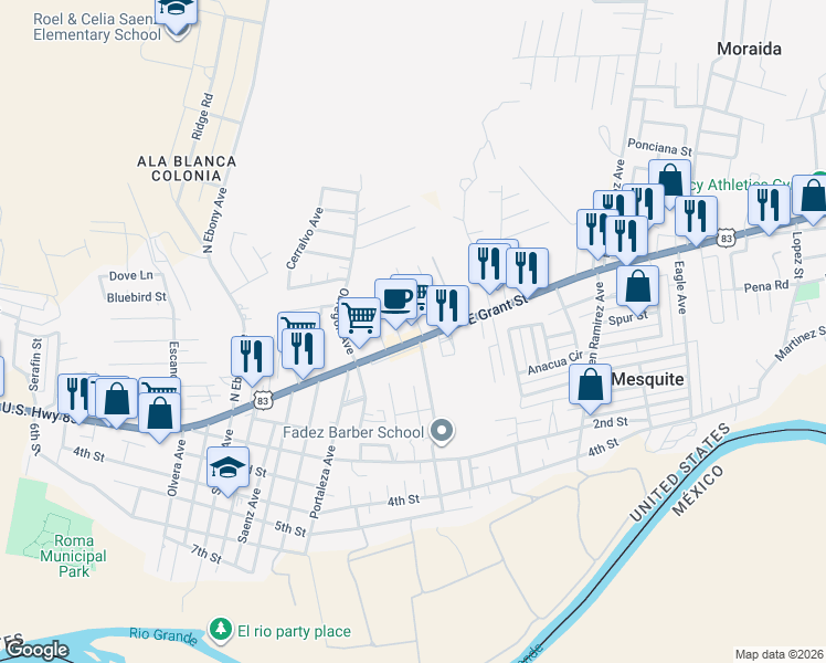 map of restaurants, bars, coffee shops, grocery stores, and more near 1895 East Grant Street in Roma