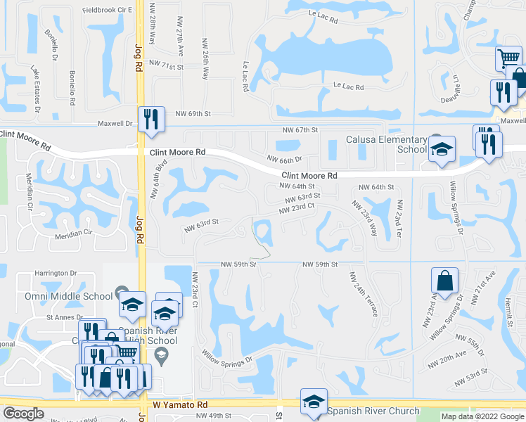 map of restaurants, bars, coffee shops, grocery stores, and more near 6301 Northwest 25th Way in Boca Raton