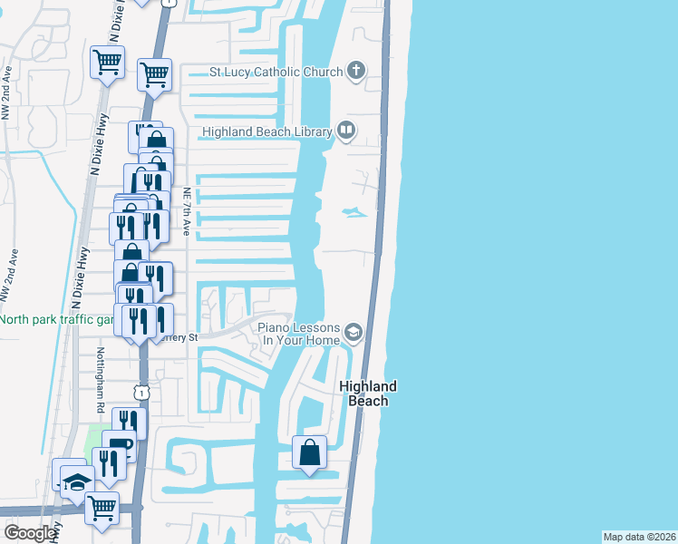 map of restaurants, bars, coffee shops, grocery stores, and more near 4018 South Ocean Boulevard in Highland Beach