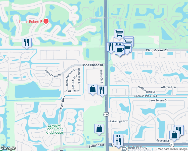 map of restaurants, bars, coffee shops, grocery stores, and more near 10161 182nd Lane South in Boca Raton