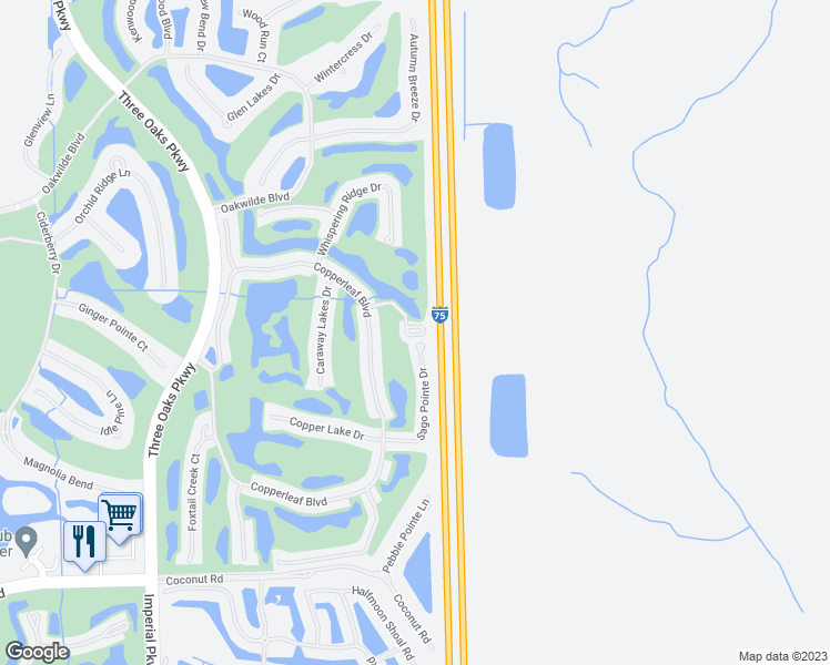 map of restaurants, bars, coffee shops, grocery stores, and more near 23930 Copperleaf Boulevard in Bonita Springs