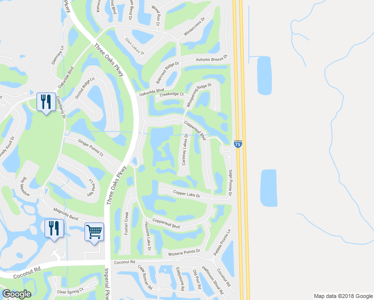 map of restaurants, bars, coffee shops, grocery stores, and more near 23401 Caraway Lakes Drive in Bonita Springs