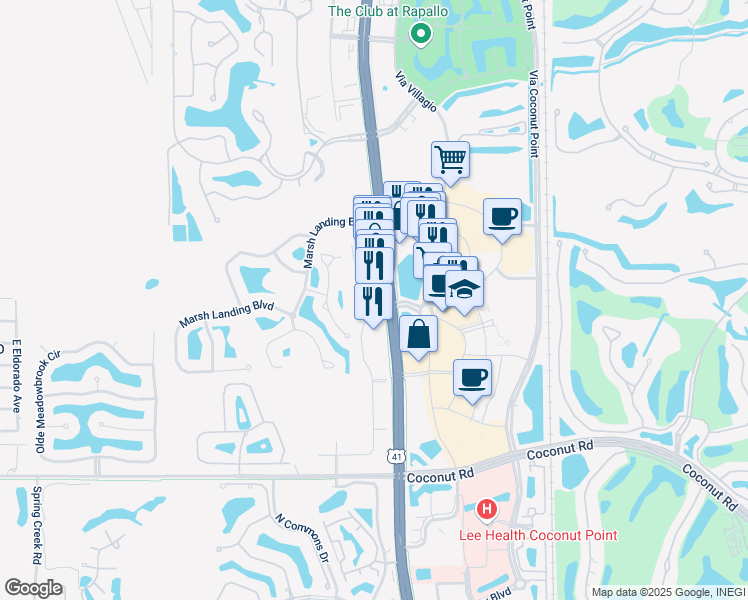 map of restaurants, bars, coffee shops, grocery stores, and more near 22911 Vandenberg Way in Estero