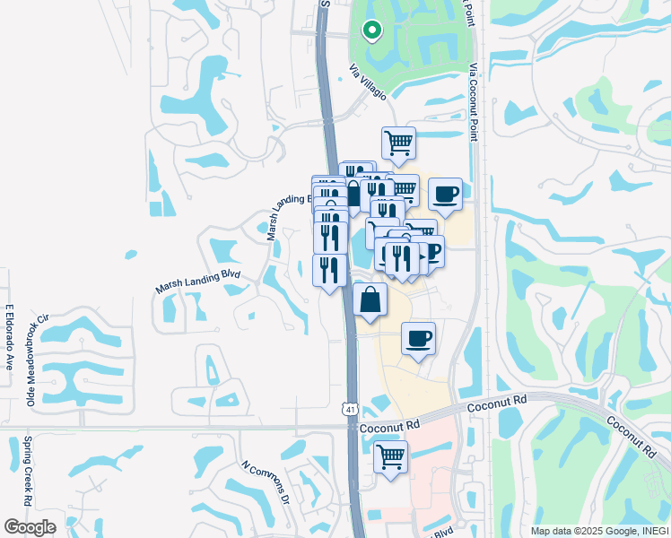 map of restaurants, bars, coffee shops, grocery stores, and more near 22911 Vandenberg Way in Estero