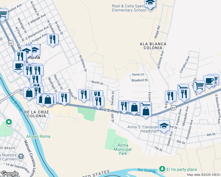 map of restaurants, bars, coffee shops, grocery stores, and more near 369 Canales Circle in Roma