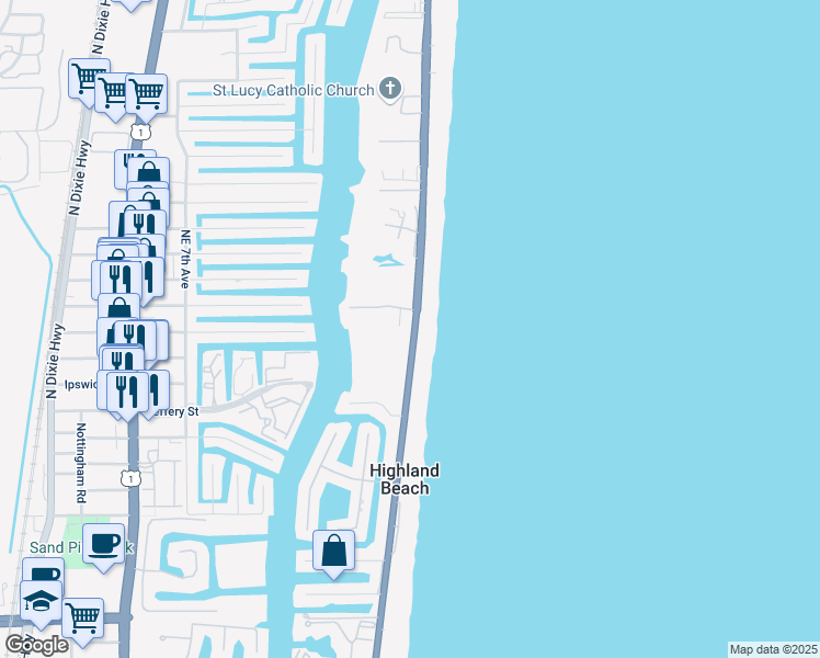 map of restaurants, bars, coffee shops, grocery stores, and more near 4002 South Ocean Boulevard in Highland Beach