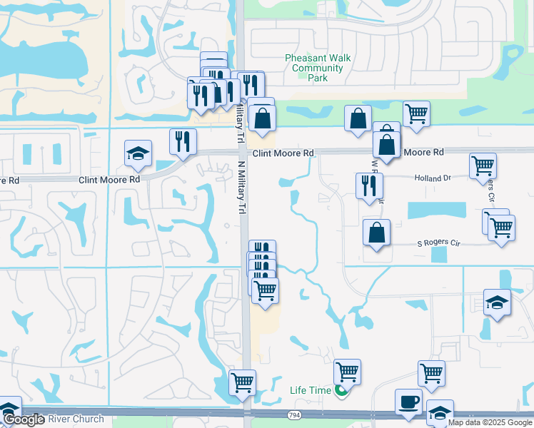 map of restaurants, bars, coffee shops, grocery stores, and more near 6600 North Military Trail in Boca Raton