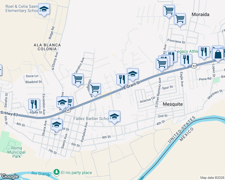 map of restaurants, bars, coffee shops, grocery stores, and more near 1895 East Grant Street in Roma