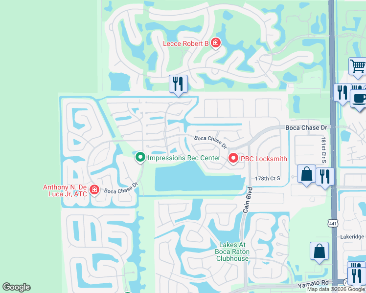 map of restaurants, bars, coffee shops, grocery stores, and more near 18258 Covina Way in Boca Raton