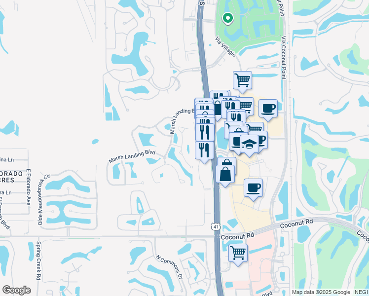 map of restaurants, bars, coffee shops, grocery stores, and more near 23044 Lone Oak Drive in Estero