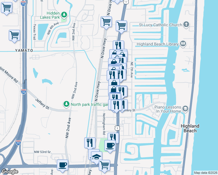 map of restaurants, bars, coffee shops, grocery stores, and more near 363 Glouchester Street in Boca Raton