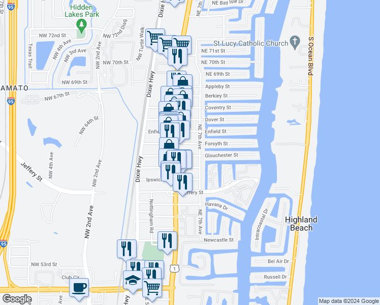 map of restaurants, bars, coffee shops, grocery stores, and more near 680 Glouchester Street in Boca Raton