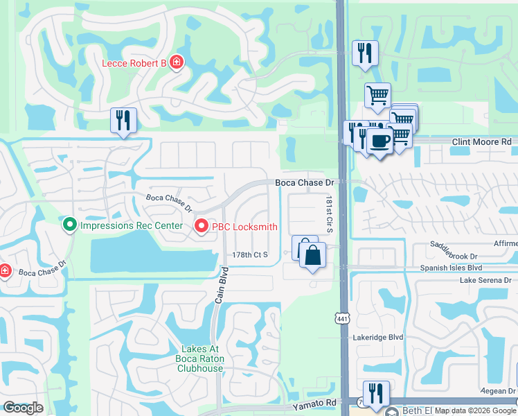 map of restaurants, bars, coffee shops, grocery stores, and more near 18263 103rd Trail South in Boca Raton
