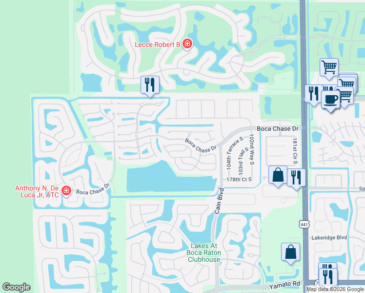 map of restaurants, bars, coffee shops, grocery stores, and more near 10662 Lake Oak Way in Boca Raton