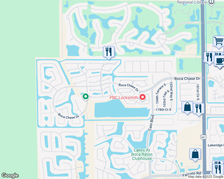 map of restaurants, bars, coffee shops, grocery stores, and more near 18258 Covina Way in Boca Raton