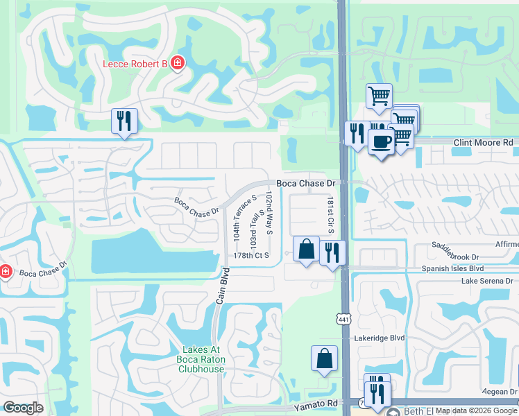 map of restaurants, bars, coffee shops, grocery stores, and more near 18263 103rd Trail South in Boca Raton