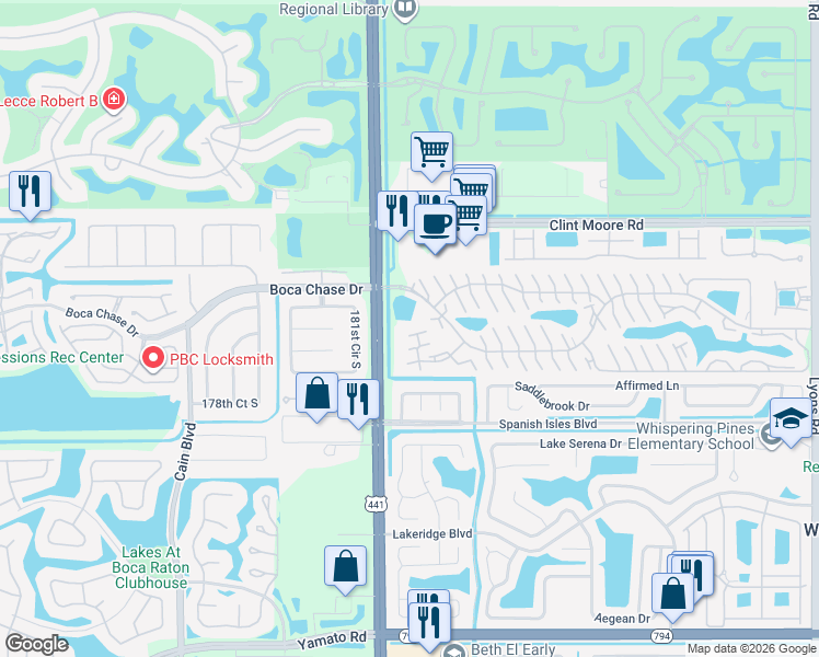 map of restaurants, bars, coffee shops, grocery stores, and more near 9879 Boca Gardens Trail in Boca Raton