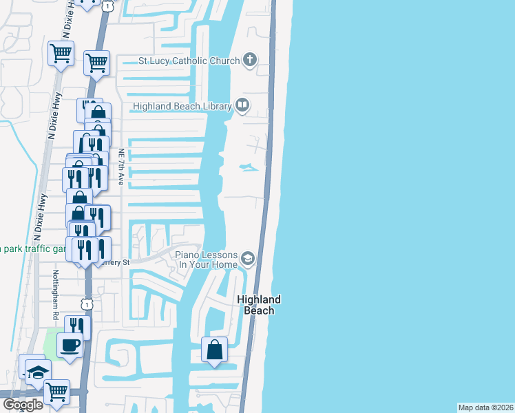 map of restaurants, bars, coffee shops, grocery stores, and more near 4002 South Ocean Boulevard in Highland Beach