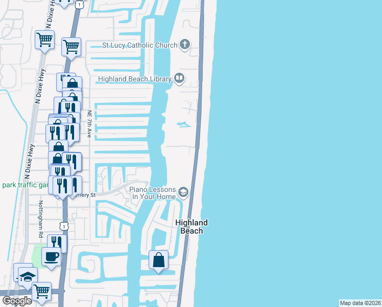 map of restaurants, bars, coffee shops, grocery stores, and more near 4002 South Ocean Boulevard in Highland Beach