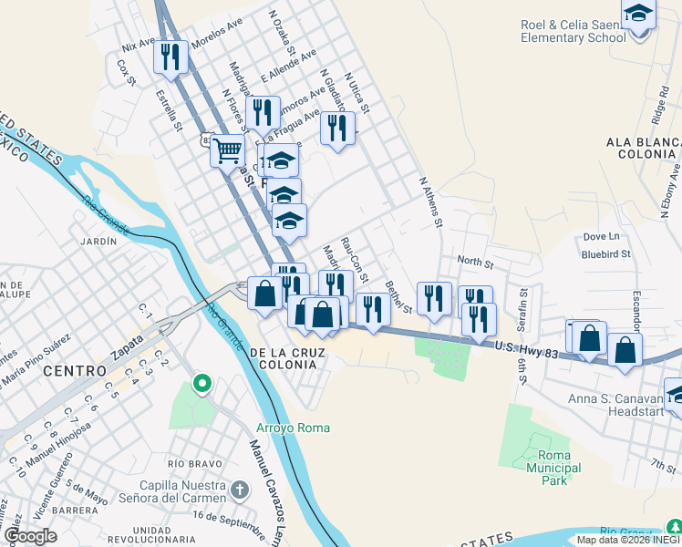 map of restaurants, bars, coffee shops, grocery stores, and more near 410 Rev. Richard T. Peel Street in Roma