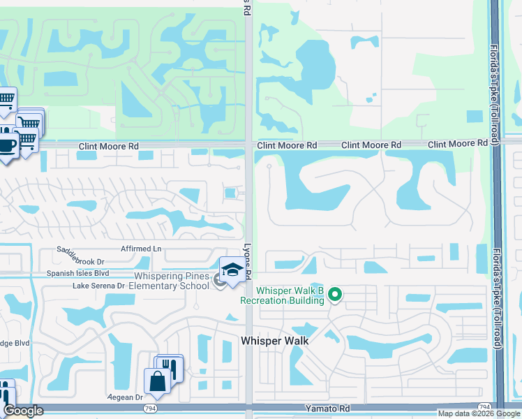 map of restaurants, bars, coffee shops, grocery stores, and more near 18640 Long Lake Drive in Boca Raton