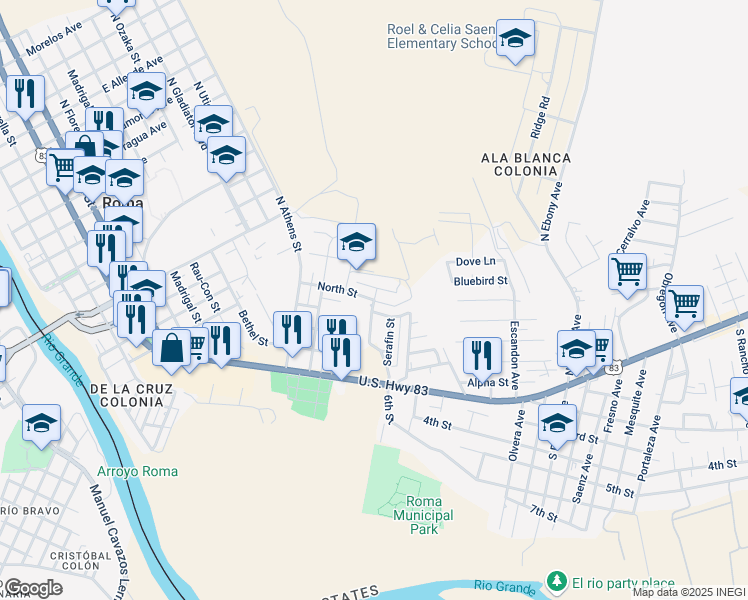 map of restaurants, bars, coffee shops, grocery stores, and more near 846 North Street in Roma
