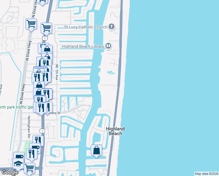 map of restaurants, bars, coffee shops, grocery stores, and more near 3912 South Ocean Boulevard in Highland Beach