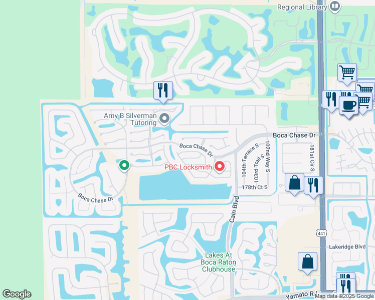 map of restaurants, bars, coffee shops, grocery stores, and more near 10780 Cypress Lake Terrace in Boca Raton