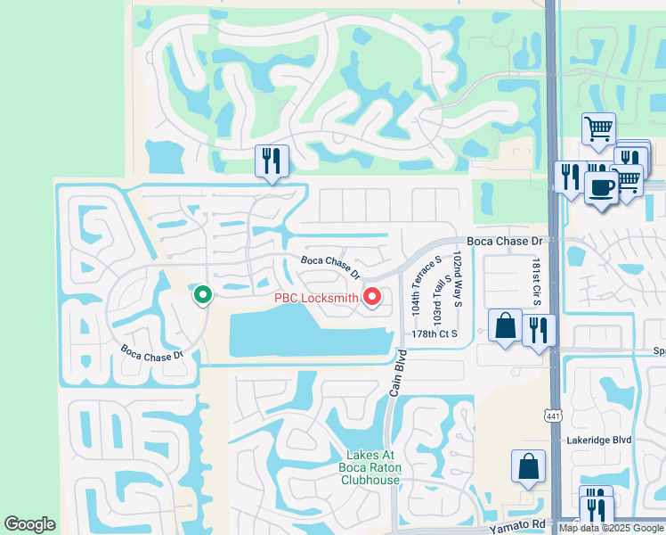 map of restaurants, bars, coffee shops, grocery stores, and more near 10662 Lake Oak Way in Boca Raton