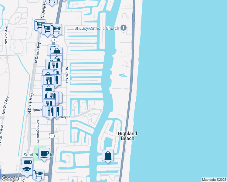 map of restaurants, bars, coffee shops, grocery stores, and more near 4018 South Ocean Boulevard in Highland Beach