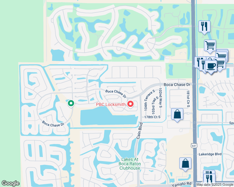 map of restaurants, bars, coffee shops, grocery stores, and more near 10662 Lake Oak Way in Boca Raton
