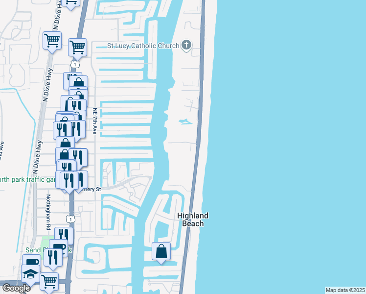map of restaurants, bars, coffee shops, grocery stores, and more near 4018 South Ocean Boulevard in Highland Beach